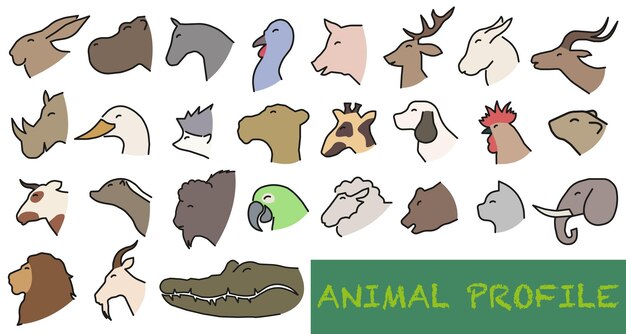 Perfil de animales y pájaros Iconos de colores con un trazo sobre un fondo blanco
