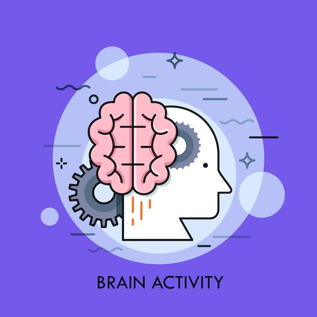 Perfil de cabeza humana, cerebro y ruedas dentadas. concepto de actividad intelectual o mental, inteligencia, pensamiento creativo o inteligente
