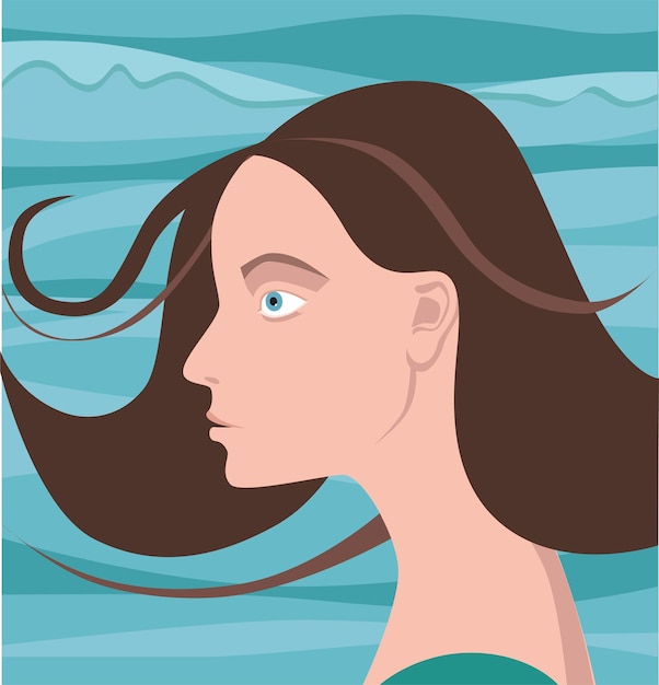 Vector perfil de una hermosa mujer cuyo cabello se desarrolla en el viento contra el fondo de la ola del mar