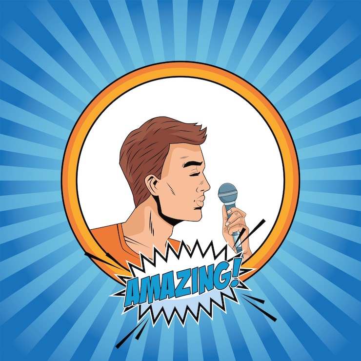 Vector perfil de hombre con micrófono y sorprendente carácter de estilo pop art de palabra