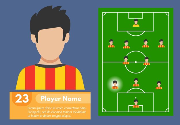 Vector perfil del jugador de fútbol y su lugar en el campo de fútbol vector illustrationxa