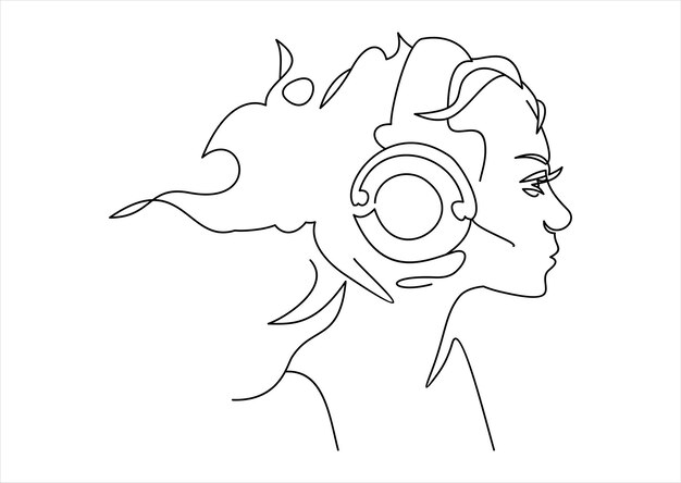 perfil, de, lindo, niña, con, pelo largo, en, auriculares