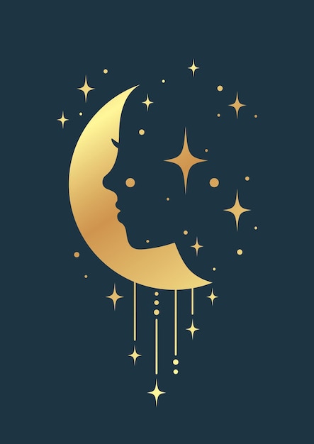 Vector perfil de mujer con cartel de dibujo dorado de luna tarjeta celeste de luna llena