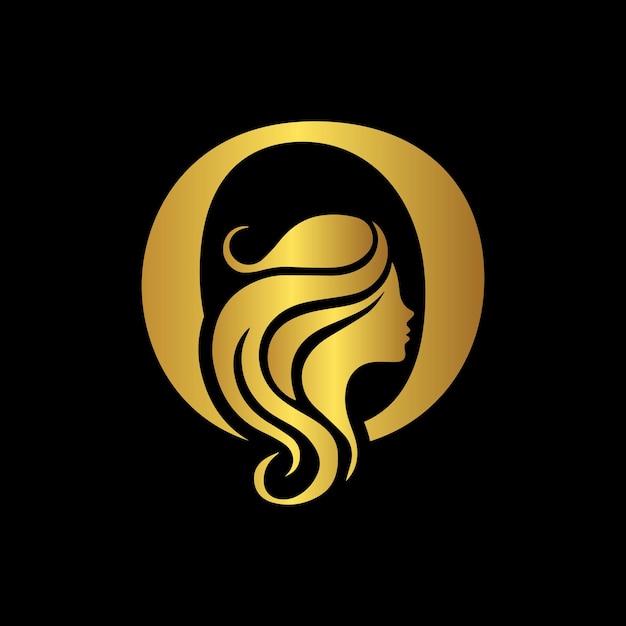 Perfil de mujer dorada en letra O Logotipo para marcas de belleza y lujo