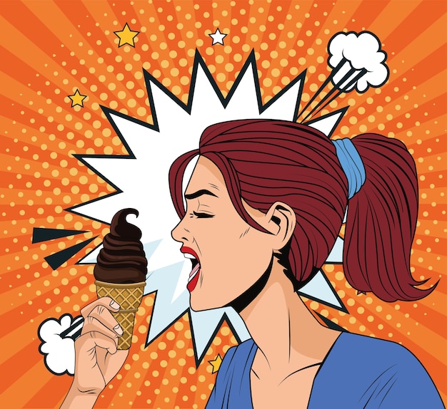 Perfil de mujer enojada comiendo carácter de estilo pop art de cono de helado