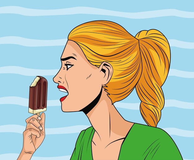 Perfil de mujer enojada comiendo helado personaje de estilo pop art