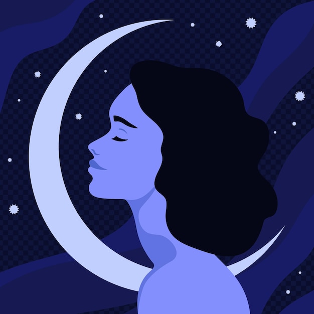 Perfil de mujer joven con los ojos cerrados en fondo de media luna