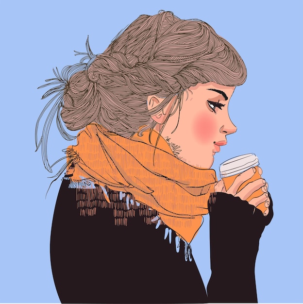 Perfil, de, mujer joven, con, taza de café