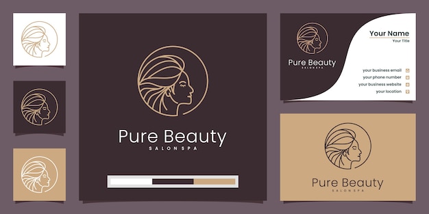 Perfil de mujer, logotipo de pura belleza y tarjeta de visita.