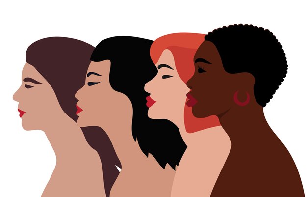 Perfil de silueta de mujeres de diferentes nacionalidades vector aislado de diseño plano