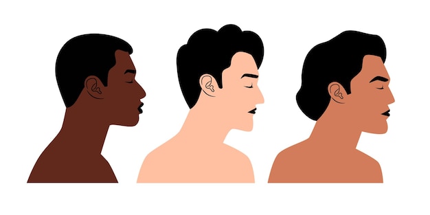 Perfiles de diversas naciones. Dibujos animados de personas de diferentes nacionalidades y colores, ilustración vectorial del retrato facial de hombres sin ropa aislados en blanco