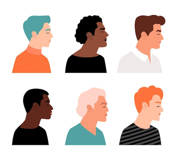 Vector perfiles de hombres modernos. rostros de perfil masculino, ilustración de vector de cabezas de hombre, personajes de personas de avatar, iconos de retrato de persona plana, humanos jóvenes de dibujos animados sobre fondo blanco