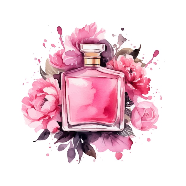 Perfume y flores rosa rosa acuarela clipart ilustración de moda