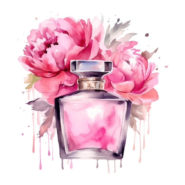 Perfume y flores rosa rosa acuarela clipart ilustración de moda