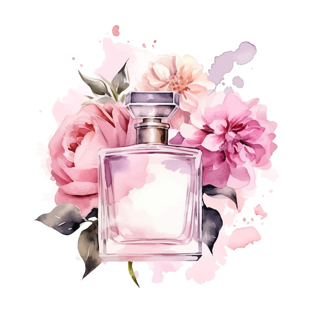 Perfume y flores rosa rosa acuarela clipart ilustración de moda