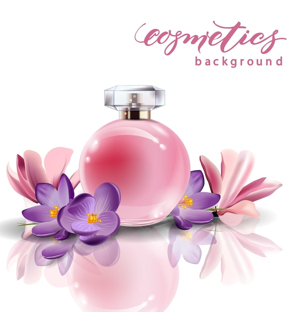 Perfume de mujer botella rosa con azafrán de flores de primavera. Plantilla de vector