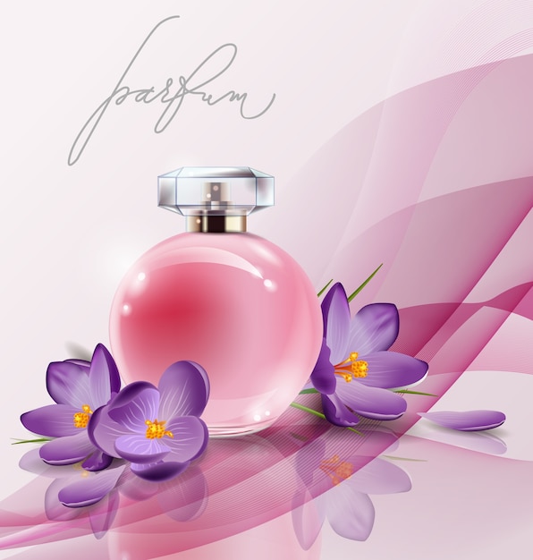 Vector perfume de mujer botella rosa con flores de primavera azafranes