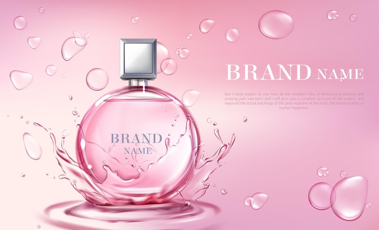 Perfume rosado con fondo rosado con salpicaduras de agua
