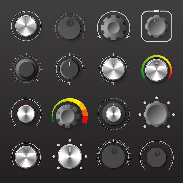 Perillas analógicas redondas para ajuste de volumen o nivel realistas en ilustración de vector de fondo negro