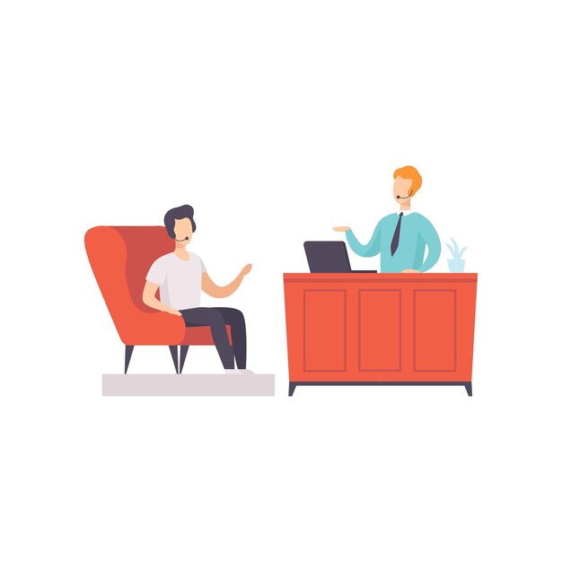 Periodista entrevistando a un hombre de negocios en un programa de entrevistas de estudio de televisión vector ilustración aislada sobre fondo blanco
