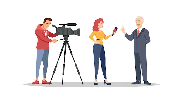 Periodista entrevistando a político ilustración vectorial plana. operador de video, corresponsal y personajes de dibujos animados de personajes famosos. medios de comunicación, prensa, concepto de industria de la televisión. reportero y camarógrafo trabajando