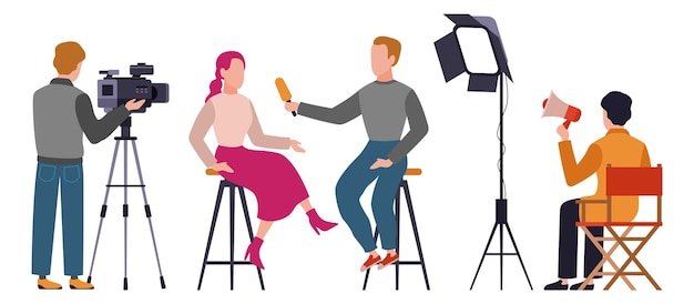 Periodista Presentador de noticias profesión Grabación de entrevistas de prensa Operador con cámara hombre con micrófono en estudio transmisión en línea y industria de televisión dibujos animados plana ilustración vectorial aislada