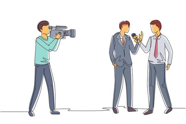 Los periodistas de dibujo de una sola línea entrevistan al reportero y al camarógrafo que interrogan al hombre vector.