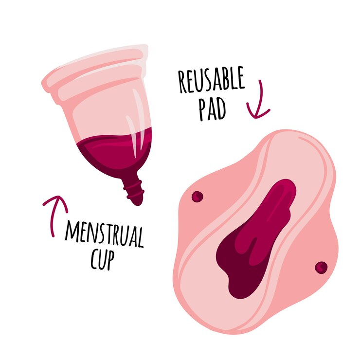 Vector período de menstruación sin desperdicio copa menstrual y almohadilla reutilizable concepto ecológico reutilizable.