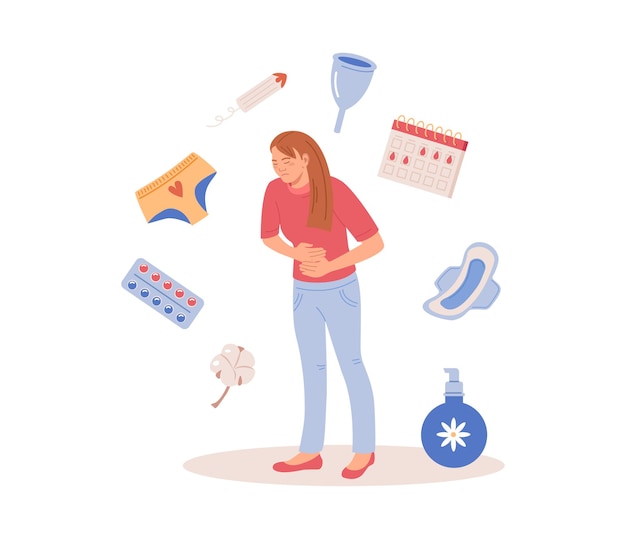 Período de menstruación Mujer que muestra síntomas de síndrome premenstrual y dolor menstrual Rastreador de calendario de síndrome premenstrual Artículos para la higiene íntima personal de las mujeres Almohadilla de tampón sanitario Bragas de copa menstrual reutilizables de silicona