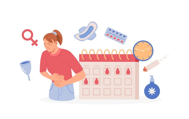 Período de menstruación Mujer que muestra síntomas de síndrome premenstrual y dolor menstrual Rastreador de calendario de síndrome premenstrual Artículos para la higiene íntima personal de las mujeres Almohadilla de tampón sanitario Bragas de copa menstrual reutilizables de silicona