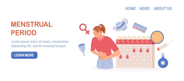 Vector período de menstruación mujer que muestra síntomas de síndrome premenstrual y dolor menstrual rastreador de calendario de síndrome premenstrual artículos para la higiene íntima personal de las mujeres almohadilla de tampón sanitario bragas de copa menstrual reutilizables de silicona