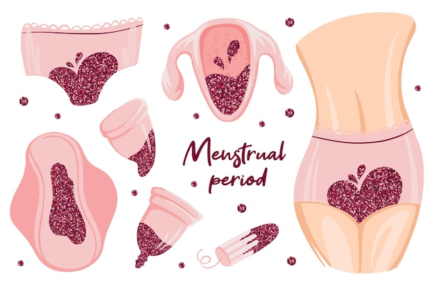 Período de menstruación con sangre brillante. productos de higiene. cero desperdicio de bragas, compresas, tazas. protección menstrual, higiene femenina. ilustración de vector dibujado a mano aislado.