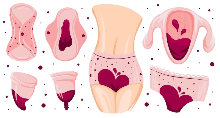Vector periodo menstrual. productos de higiene. cero desperdicio de bragas, compresas, tazas. protección menstrual, higiene femenina.