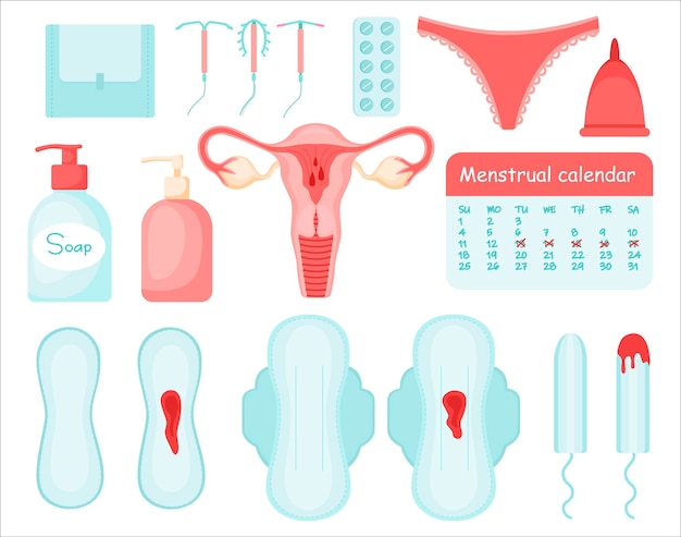 Vector periodos menstruación dibujos animados planos modernos con tampones