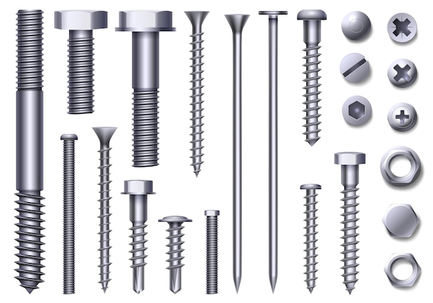 Vector pernos de metal realistas, tuercas de acero, remaches y tornillos. vista lateral superior de hardware de construcción inoxidable. conjunto de vector de cabeza de perno y pasador de cromo. ilustración de metal y hardware realistas para la construcción.