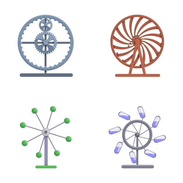 Perpetuum Mobile Icon Set Vector de dibujos animados Varias máquinas de movimiento perpetuo