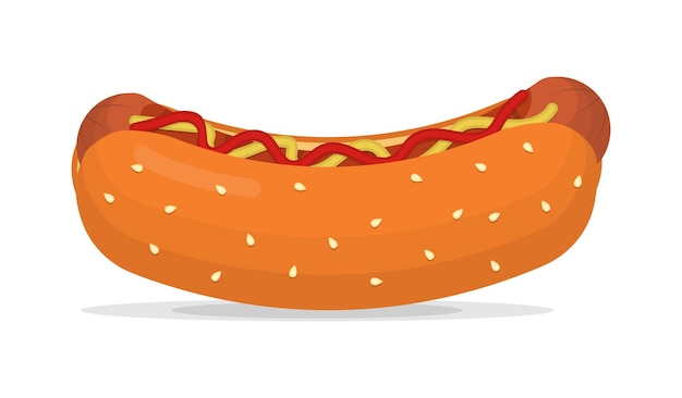 Perrito caliente clásico con ketchup de salchicha y mostaza ilustración plana