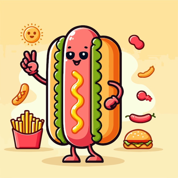 Un perrito caliente de dibujos animados sostiene un signo de paz y está de pie junto a una hamburguesa