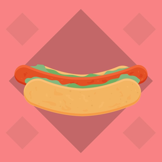 Vector un perrito caliente con un fondo rojo y una salsa verde.