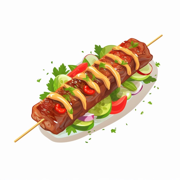 un perrito caliente con ketchup y cebollas en un palo