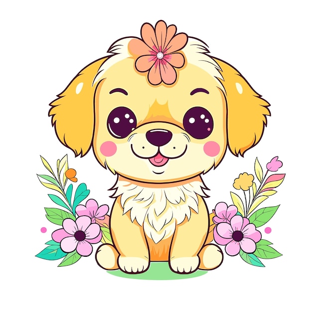 Vector perrito lindo con ilustración vectorial de fondo blanco floral