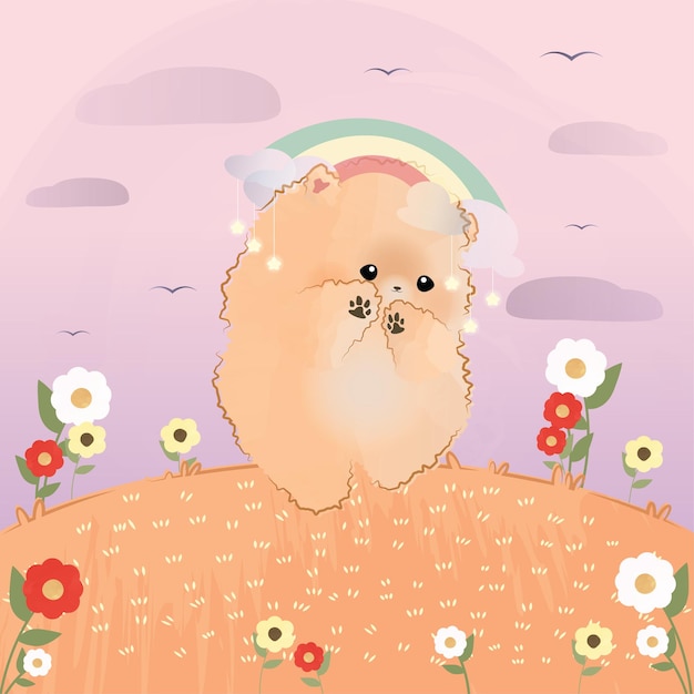 Vector perrito pomerania con arcoiris