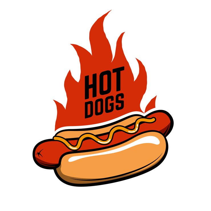 Vector perritos calientes perrito caliente en estilo retro con fuego aislado sobre fondo blanco. comida rápida.