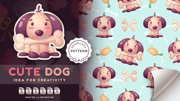 Perro adorable de personaje de dibujos animados de patrones sin fisuras con hueso