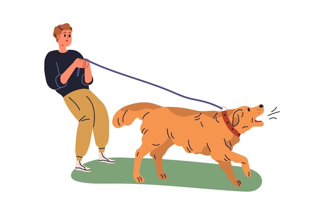Perro agresivo enojado ladrando El dueño de la mascota manteniendo la correa con desobediente perro malvado gruñendo en agresión Comportamiento animal canino malo equivocado Ilustración vectorial plana aislada sobre fondo blanco