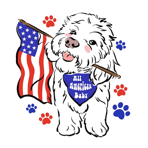 Perro amor americano dibujado a mano perro y bandera americana 4 de julio clip art