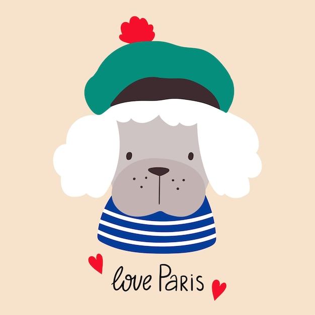 Perro amor parís perro de estilo francés vector ilustración perro de dibujos animados vestido de estilo francés en boina