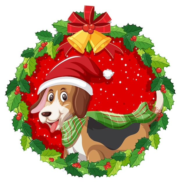 Perro beagle de dibujos animados en corona de navidad aislado