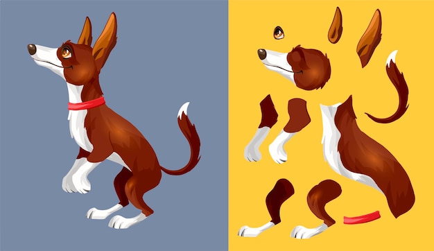 El perro blanco marrón se acuesta de lado y descansa. Personaje animado. Ilustración de vector clásico compañero de mano. Aislado. Perro para animación.