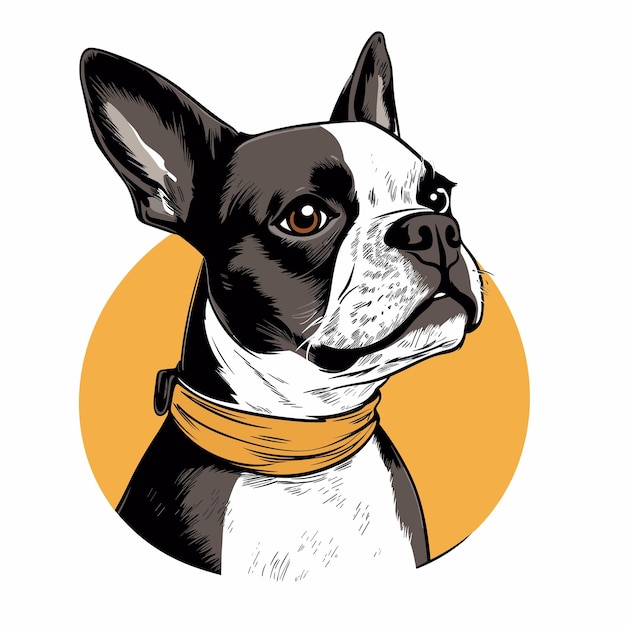 un perro blanco y negro con un cuello amarillo que dice perro